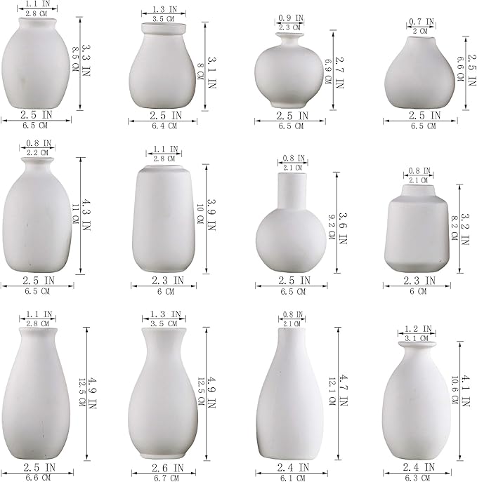 White Bud Vases, Ceramic Small Vase Set of 12, Mini Vases for Fresh and Dried Flowers, Modern Home Decor, Pottery Table Centerpiece