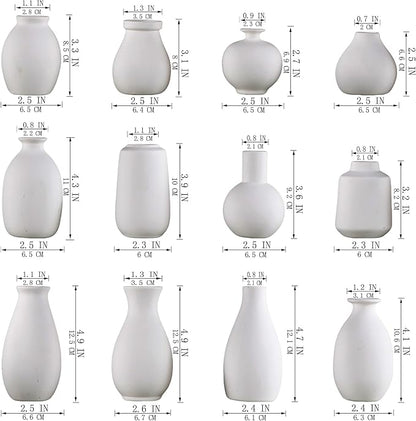 White Bud Vases, Ceramic Small Vase Set of 12, Mini Vases for Fresh and Dried Flowers, Modern Home Decor, Pottery Table Centerpiece