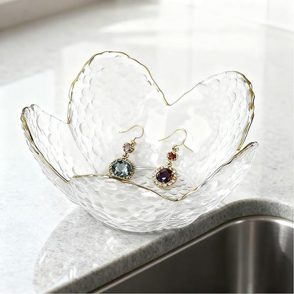 Clear Flower Jewelry Dish Tray Glass Ring Dish Jewlery Tray Cute Bathroom Trinket Dish Jewely Bowl Nightstand Decor Jewerly Plate Ring Holder Christmas Friendship Birthday Gifts for Women