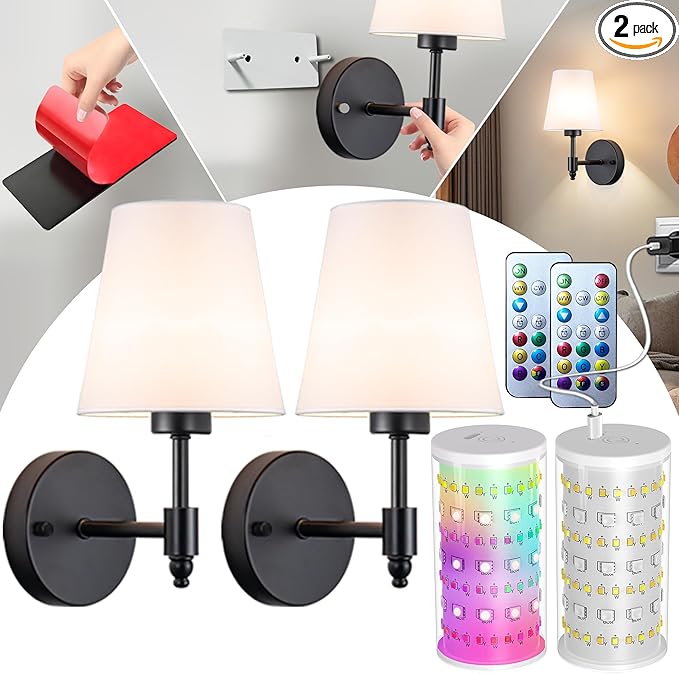 Battery Operated Wall Sconce: Renter Friendly Peel and Stick Adhesive Wall Light Easy to Install, Rechargeable Wireless Wall Lamp for Bedroom Living Room DIY Home Wall Decor