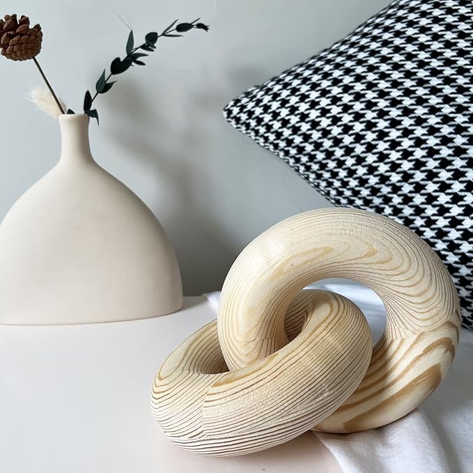Double Ring Chain Link Decor - 2-Link Wood Knot, Hand Carved Pine Boho Bead, Suitable for Bedroom, Living Room, Coffee Shop Decoration (Wood Color)