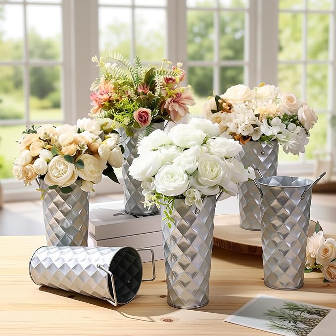 6 Pcs Silver Metal Flower Vases 9 Inch Galvanized Flower Bucket Spring Farmhouse French Bucket with Handles, Floral Vases for Centerpiece Bar Wedding Bouquet Table Decoration Supplies