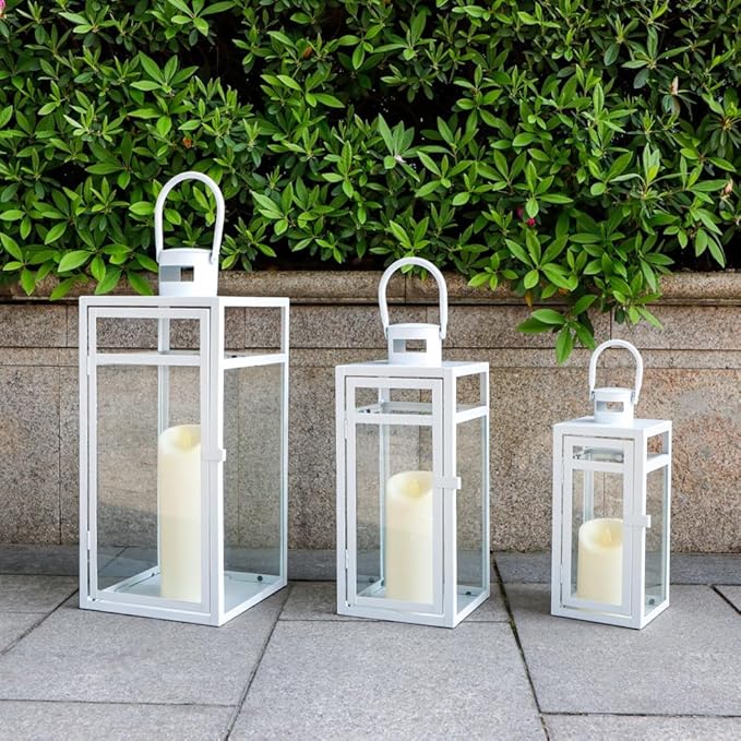 TRIROCKS Metal Candle Lantern Set of 3 - Assorted Sizes (12/15/19 Inch) - Tall Metal Hanging Lanterns with Tempered Panels Indoor & Outdoor Home Decor for Christmas Parties & Events - White Finish