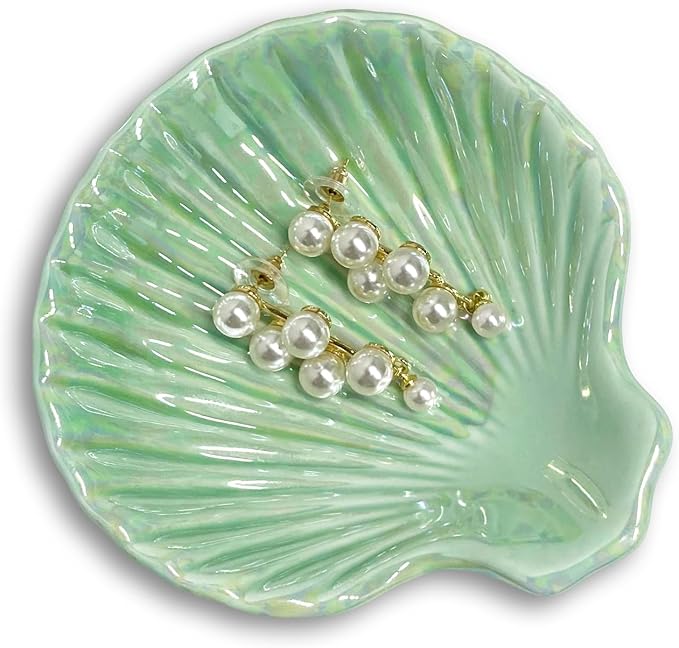 Ceramic Shell Ring Holder Dish, Small Shell Trinket Dish for Women, Ceramic Beachy Jewelry Plate Bowl for Earrings Necklace, 3.9", Ice Green Iridescent Surface