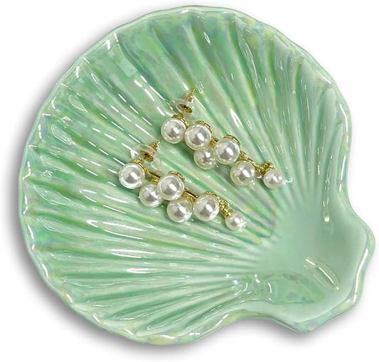 Ceramic Shell Ring Holder Dish, Small Shell Trinket Dish for Women, Ceramic Beachy Jewelry Plate Bowl for Earrings Necklace, 3.9", Ice Green Iridescent Surface