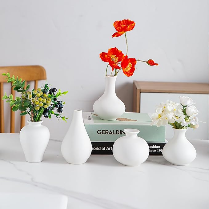 White Ceramic Bud Vase Set of 5, Mini Vases for Flowers, Decorative Small Vases for Home Decor, Boho Wedding Centerpieces, Living Room, Dining Table & Shelf Decor
