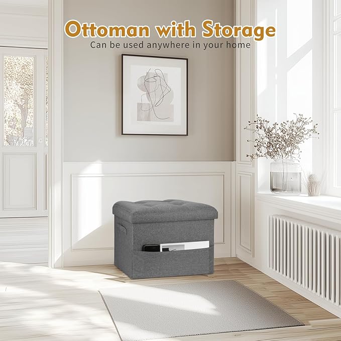 Storage Ottoman with Extra Thick Foam Padded Seat, Foldable Foot Rest Stool with Linen Fabric, 43L Ottoman with Storage Bench for Bedroom Living Room, Holds Up to 300lbs, 17x13x13in, Dark Gray