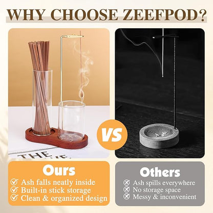 2 in 1 Incense Holder for Sticks with Glass Ash Catcher, Anti-Ash Flying Upside Down Insence Stick Burner, Modern Vertical Inscents-Sticks Holder for Yoga Spa Meditation Home Decor