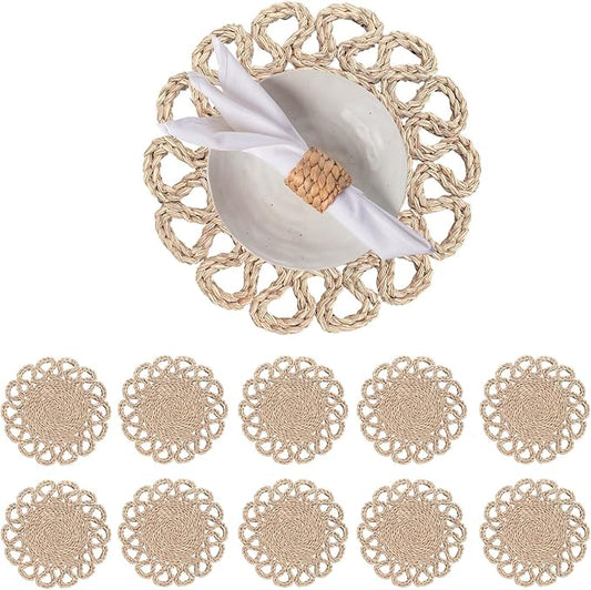 13.8" Set of 10 Round Seagrass Placemats | Boho Woven Rattan Table Mats | Farmhouse Wicker Spring Plate Chargers Like Water Hyacinth, Corn Husk for Wedding, Party, Christmas, Events