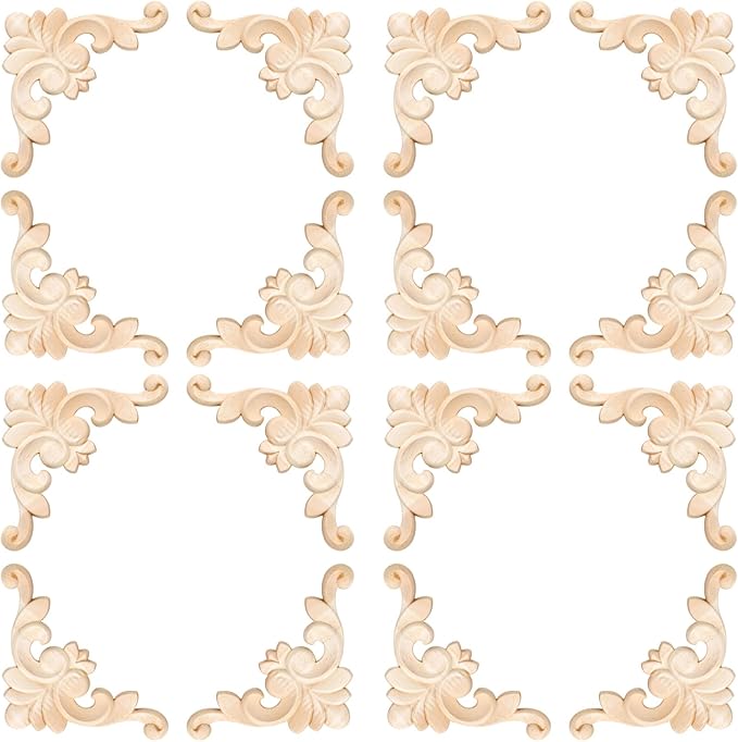 20 Pcs Wood Applique Corner Onlay Decorative Wood Applique DIY Wooden Carved Corner Unpainted Wooden Carved Decals Carving Decal for Furniture Wall Cupboard Bed Cabinet(Classic Style)