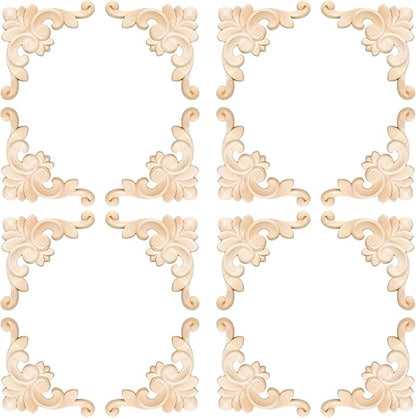 20 Pcs Wood Applique Corner Onlay Decorative Wood Applique DIY Wooden Carved Corner Unpainted Wooden Carved Decals Carving Decal for Furniture Wall Cupboard Bed Cabinet(Classic Style)
