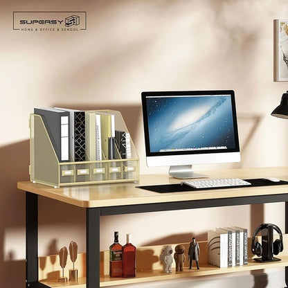 SUPEASY Desk Organizers Metal Desk Magazine File Holder with 5 Vertical Compartments Rack File Organizer for Office Desktop, Home Workspace, Golden Yellow, Plus