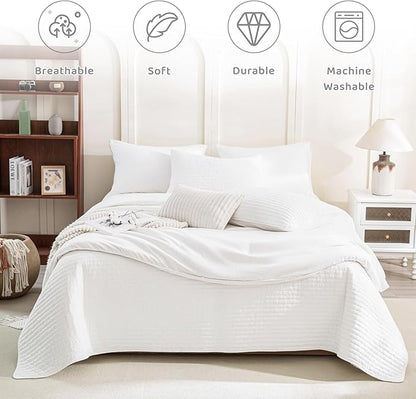 Sanracie Cotton Queen Quilt Bedding Set(90"x98") ，Ultra Soft Stonewashed Milk White Bedspread Coverlet Cross Stitch Pattern Lightweight Crinkle Quilted Bedspread Set 3Pcs for All Season