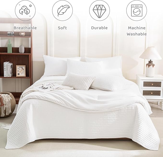 Sanracie Stonewashed Oversized King Quilt(120"x120"), Cotton Milk White California King Quilt Coverlet Sets 3Pcs Ultra Soft Crinkle Cross Stitch Bedspreads Sets for All Season