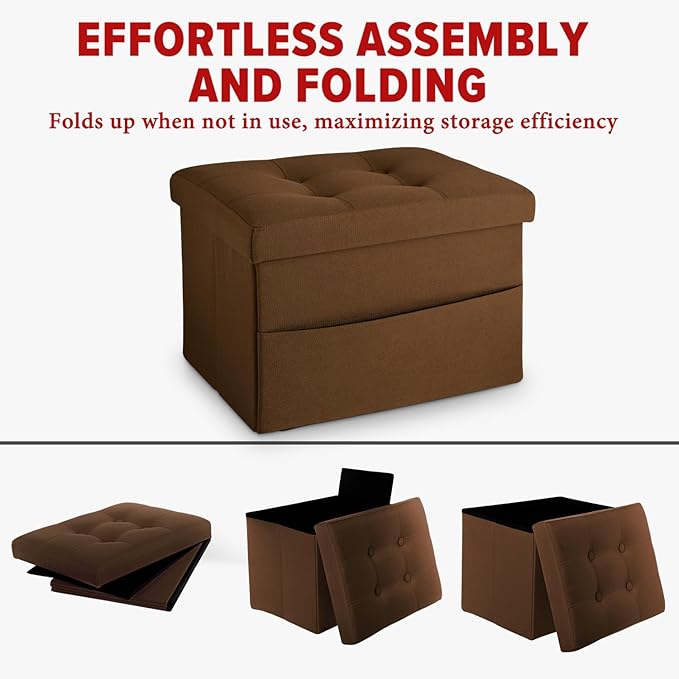 LINMAGCO Storage Ottoman Folding Foot Stool Foot Rest with Side Pocket Modern Ottoman with Storage Short Sofa Stool Linen Cloth 17x13x13(Brown)