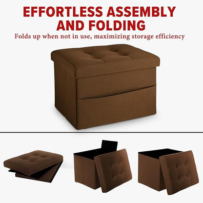 LINMAGCO Storage Ottoman Folding Foot Stool Foot Rest with Side Pocket Modern Ottoman with Storage Short Sofa Stool Linen Cloth 17x13x13(Brown)
