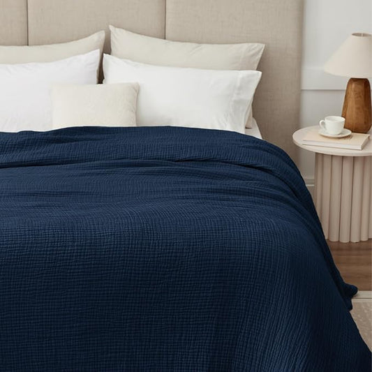 100% Cotton Muslin Blanket Twin 60" x 80", Breathable and Lightweight Cotton Twin Blankets for Couch, Soft Cooling Summer Gauze Blanket for Adults All Season, Navy Blue