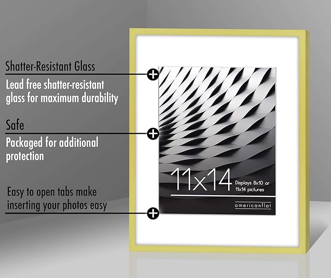 Americanflat 11x14 Picture Frame with Shatter-Resistant Glass - Use as 8x10 Frame with Mat or Display 11x14 Photo Without Mat - Streamline Collection - Thin Border Picture Frames for Wall - Gold
