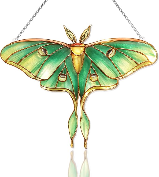 Stained Glass Window Hanging, Luna Moth Suncatcher for Window Decor, Gift for Women Mom Grandma and Art Lover, Ideal Gifts, Elegant Home Decor 5.8x7.3 Inch, Garden, Patio