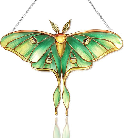 Stained Glass Window Hanging, Luna Moth Suncatcher for Window Decor, Gift for Women Mom Grandma and Art Lover, Ideal Gifts, Elegant Home Decor 5.8x7.3 Inch, Garden, Patio