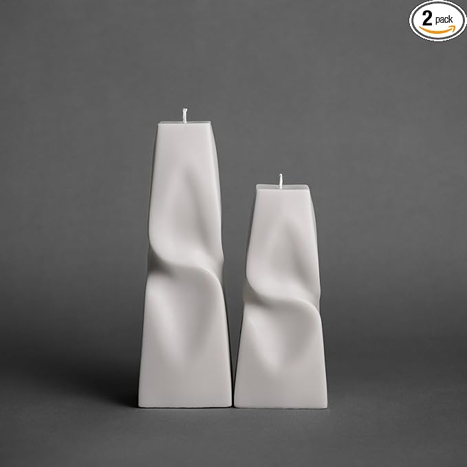 LAWA Twisted Pyramid Candle - Beautiful Handmade Pillar Soy Wax Elegant Aesthetic Candle Housewarming Gift Home Room Shelf Decor Idea (Set of 2) (White)