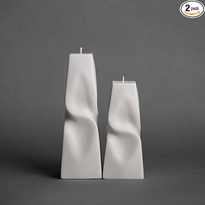 LAWA Twisted Pyramid Candle - Beautiful Handmade Pillar Soy Wax Elegant Aesthetic Candle Housewarming Gift Home Room Shelf Decor Idea (Set of 2) (White)