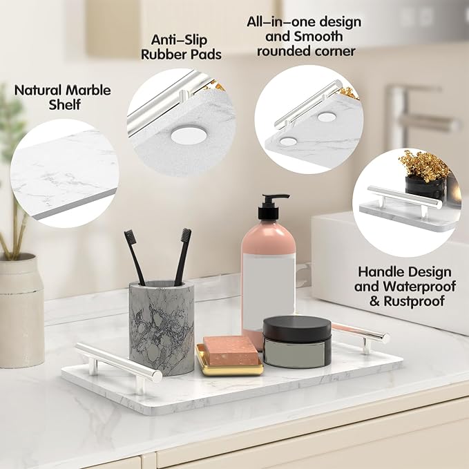 Guest Towel Holder Tray for Bathroom,Marble Bathroom Tray with Handles - Napkin Holder for Bathroom & Kitchen -Decorative Tray for Living Room & Cosmetic(Silver,Large)