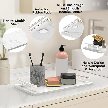 Guest Towel Holder Tray for Bathroom,Marble Bathroom Tray with Handles - Napkin Holder for Bathroom & Kitchen -Decorative Tray for Living Room & Cosmetic(Silver,Large)