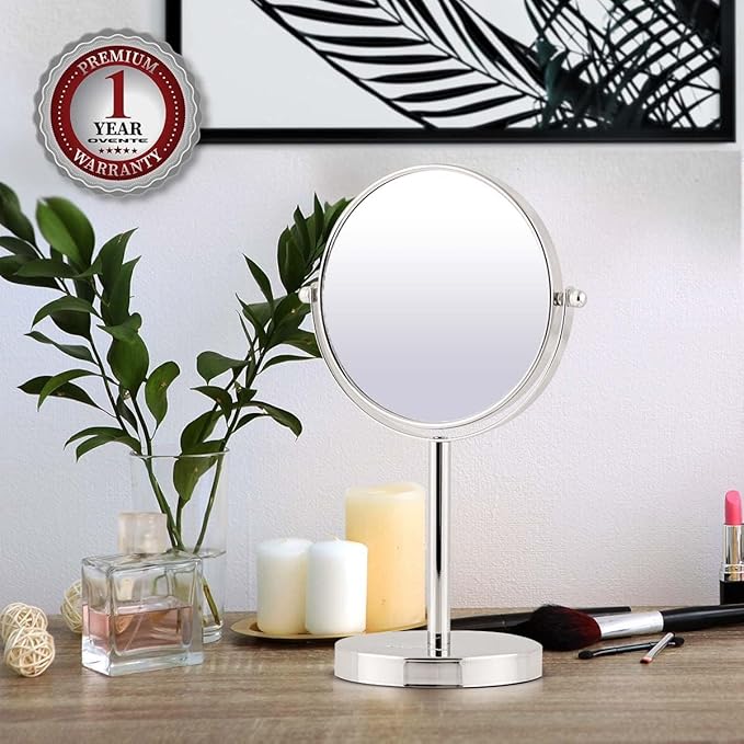 OVENTE 6'' Tabletop Makeup Mirror with 1X/7X Magnification, 360° Swivel Design, Double-Sided Free-Standing Vanity Mirror Perfect for Dresser, Bedroom and Office Desk, Polished Chrome MNLT60CH1X7X