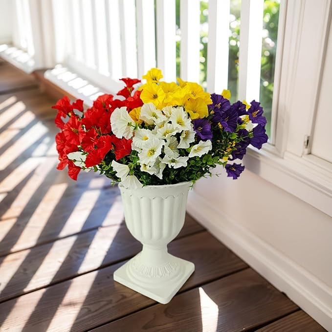 Artificial Silk Flowers for Outdoor Decoration,12 Bundles Faux Flowers Colorful Morning Glory with Eucalyptus Fake Plants Greenery UV Resistant for Outside Front Door Planter Porch Patio Yard