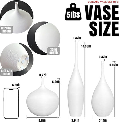 White Ceramic Vase Set of 3, Modern Boho Vases for Centerpiece Decor, Matte Minimalist Decorative White Vases Home Decor, for Living Room, Bookshelf, and Entryway Table Decor