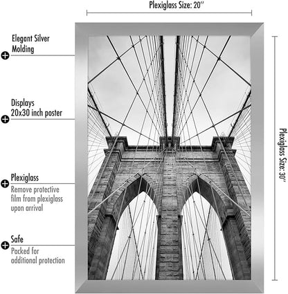 Americanflat 20x30 Poster Frame with Polished Plexiglass - Silver Picture Frame - Wide Photo Frames Made of Engineered Wood for Vertical or Horizontal Wall Display - Epic Collection - Silver