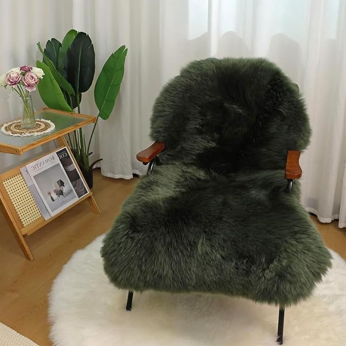 Genuine Sheepskin Rug New Zealand Fluffy Lambskin Rug, Natural Luxury Sheepskin Throw for Bedroom Living Room Children's Room - Premium Area Rug Chair Cover (2×3 Feet, Forest Green)