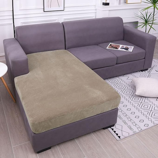 hyha Velvet Couch Cushion Covers, Stretch Chaise Lounge Sectional Couch Seat Covers L Shape for Sectional Sofa, Soft Sofa Cushion Slipcover Washable with Elastic Bottom(XL Chaise, Taupe)