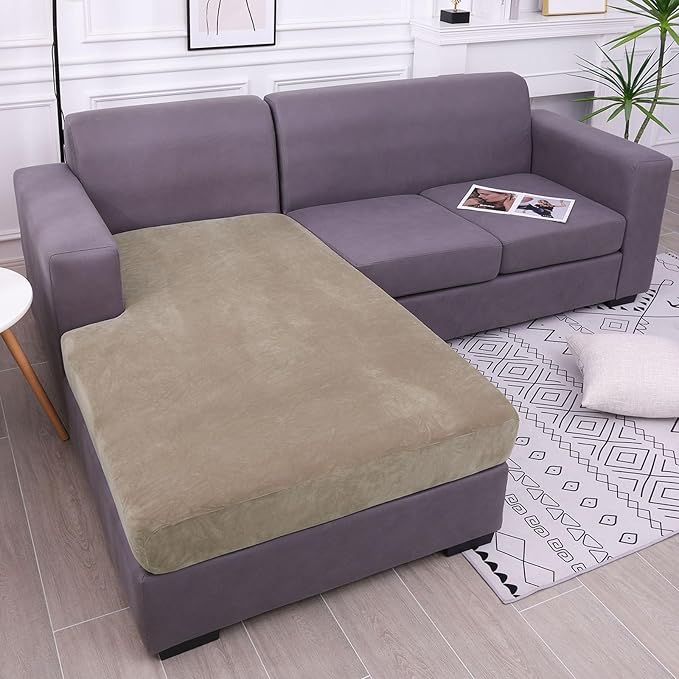 hyha Velvet Couch Cushion Covers, Stretch Chaise Lounge Sectional Couch Seat Covers L Shape for Sectional Sofa, Soft Sofa Cushion Slipcover Washable with Elastic Bottom(Chaise, Taupe)