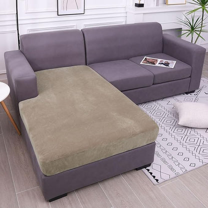 hyha Velvet Couch Cushion Covers, Stretch Chaise Lounge Sectional Couch Seat Covers L Shape for Sectional Sofa, Soft Sofa Cushion Slipcover Washable with Elastic Bottom(Chaise, Taupe)
