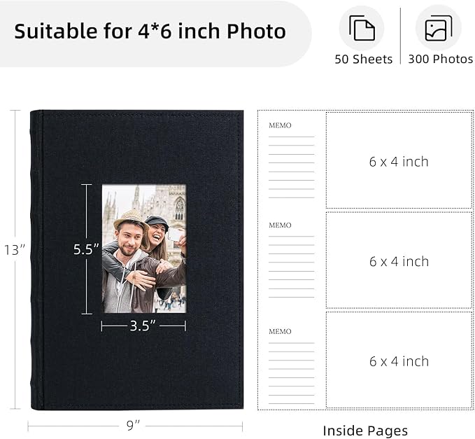 Vienrose Photo Album 4x6 300 Photos Linen Frame Cover with Memo Areas Photobook Large Capacity Slip-in Pictures Book for Wedding Baby Vacation, Black