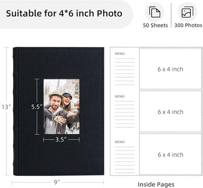 Vienrose Photo Album 4x6 300 Photos Linen Frame Cover with Memo Areas Photobook Large Capacity Slip-in Pictures Book for Wedding Baby Vacation, Black
