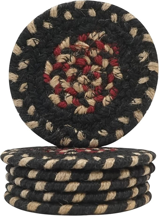Homespice Primitive Star Gloucester Braided Jute Coasters 4", Warm Primitive Decor, Set of 6, Black and Red - Durable, Absorbs Moisture, Easy to Clean and Protects Furniture
