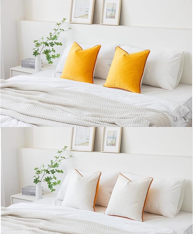 LIGICKY Orange Yellow and Cream White Velvet Throw Pillow Covers 18x18 inch, Set of 2 Modern Double-Sided Design, Soft Square Decorative Cushion Cases with Rope Edging for Home Decor