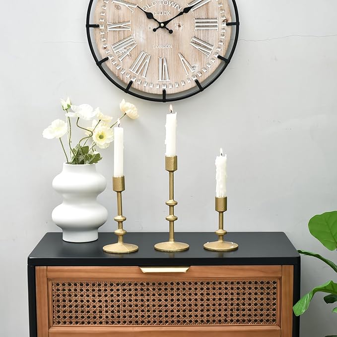SwallowLiving Candle Holder Table Decor, Antique Brass Gold Taper Candle Holder Set of 3, Iron Candlestick Holders for Pillar Candles, Vintage Decor Centerpiece Table Decorations for Wedding Christmas