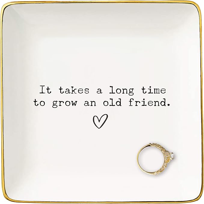 Friendship Christmas Gifts for Best Friend,Bff,Thank You Gift for Bestie,Soul Sisters,Xmas Friendship Keepsake-Ceramic Jewelry Tray Trinket Holder Ring Dish-It Takes A Long Time To Grow An Old Friend