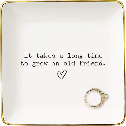 Friendship Christmas Gifts for Best Friend,Bff,Thank You Gift for Bestie,Soul Sisters,Xmas Friendship Keepsake-Ceramic Jewelry Tray Trinket Holder Ring Dish-It Takes A Long Time To Grow An Old Friend