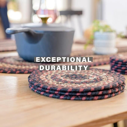 Homespice Prescott Jute Braided Oval Placemats, Country Primitive Decor, Set of 6, 13x19 Black and Red Table Mats - Vibrant Colors, Durable, Easy to Clean and Protects Furniture