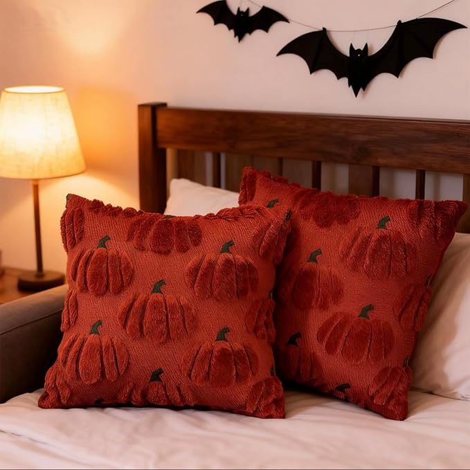 Fall Pumpkin Throw Decorative Pillow Covers 16x16 Set of 2 Pillow Covers, Faux Fur Square Pillow Cover Fluffy Plush Accent Throw Pillow Case, Throw Pillow Cover Cushion Cover for Autumn, Rust Red