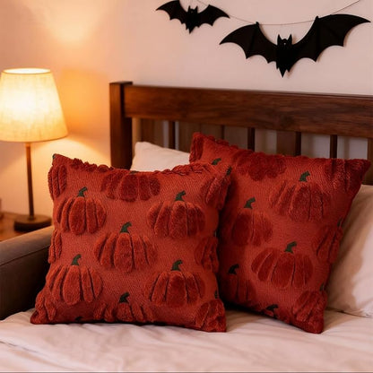 Fall Pumpkin Decorative Throw Pillow Covers 20x20 Set of 2 Pillow Covers, Faux Fur Square Pillow Cover Fluffy Plush Accent Throw Pillow Case, Throw Pillow Cover Cushion Cover for Autumn, Rust Red