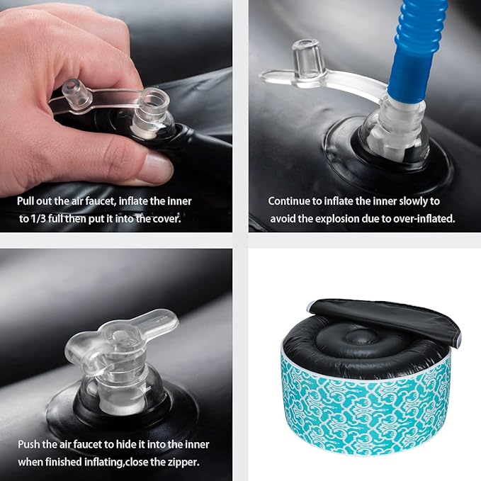 Inflatable Outdoor Ottoman with Air Pump,20"x9" Portable Patio Pouf,Water Resistant,Fade-Resistant,Round Blow Up Footrest Stools for Home Garden Camping Travel(Romantic Blue)