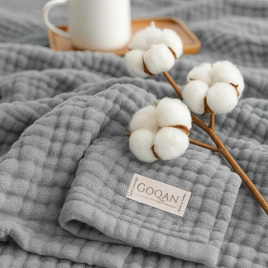 Goqan Muslin Blanket Twin 55x79 – 100% Turkish Cotton 4 Layer Boho Muslin Blanket for Adults, Four Season, Lightweight and Thin, Soft, Breathable, for Bed, Couch - Light Grey