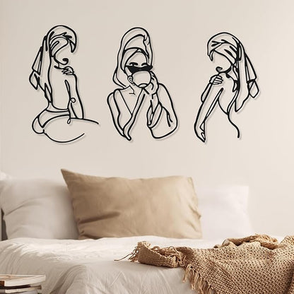 Photect 3 Pcs Metal Wall Art Decor Minimalist Abstract Woman Wall Art Metal Modern Line Drawing Decor Female Single Line Home Hanging for Bedroom Bathroom Living Room Christmas Housewarming(Romantic)