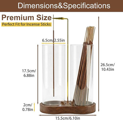 Incense Holder,Wooden Incense Holder for Sticks with 20 Incense Sticks, Anti-ash Incense Burner with Glass Ash Catcher, Wood Incense Holder 20 Stick (2 Glass Ellipse Base)
